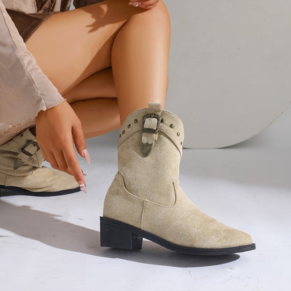 New Pointed Stitching Rivet Sleeve Women's Mid Boots