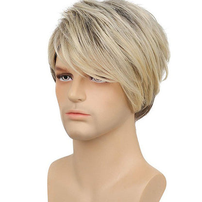 Men's Short Hair Wig Brown Gold Partial Bangs